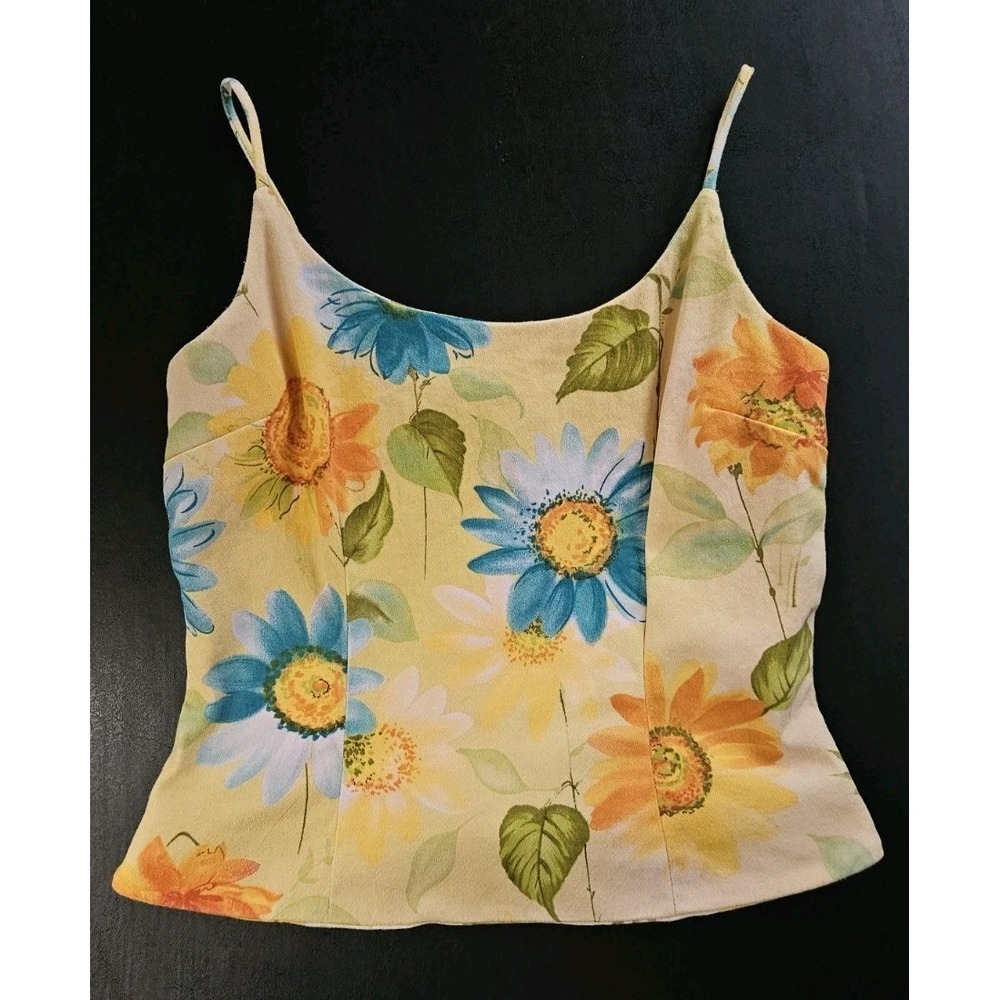 Women's Vintage 70s Althuser Size 4 Floral Yellow Cropped Tank Y2K Button Back